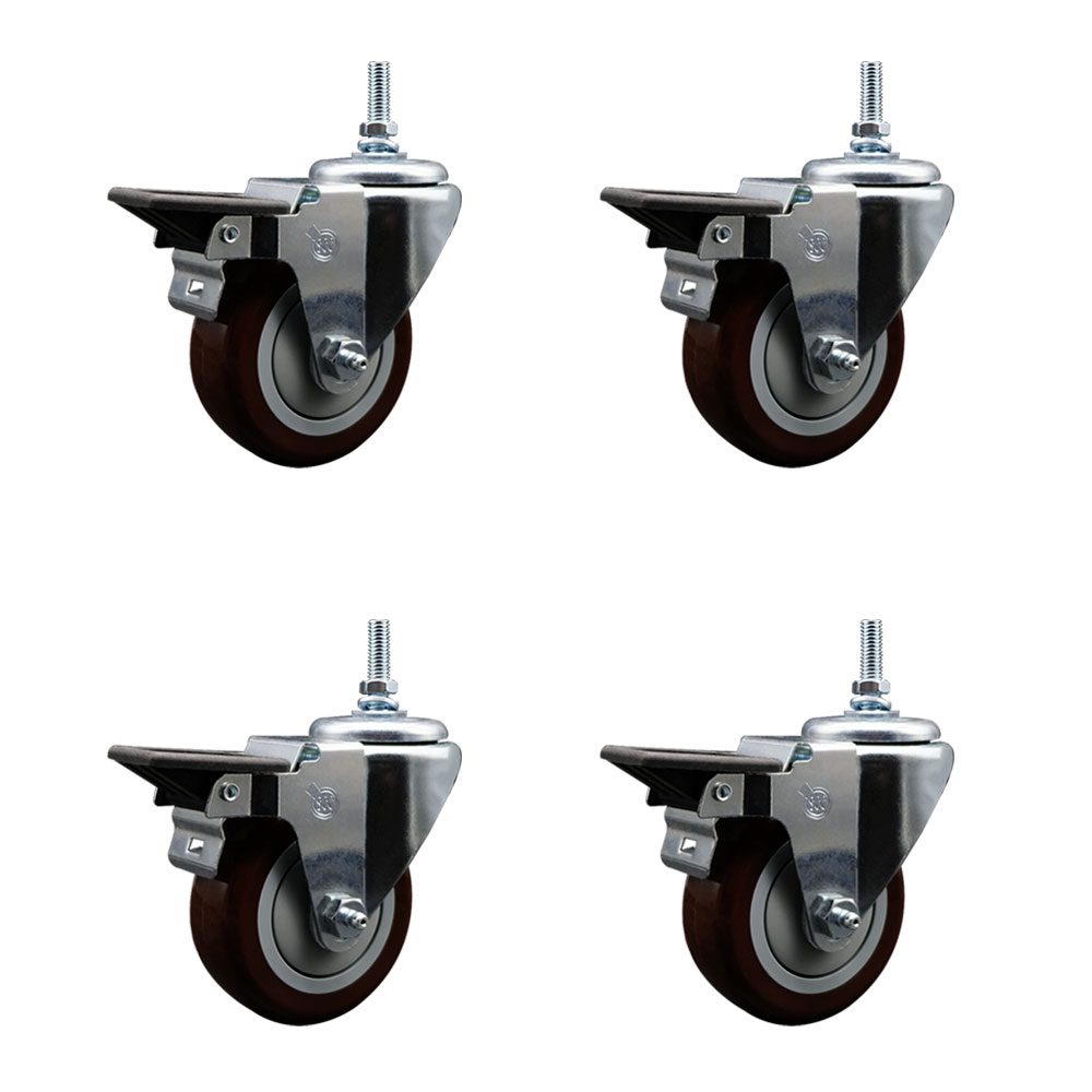 SCC-TS20S3514-PPUB-MRN-PLB-M1215-4 Polyurethane Swivel Threaded Stem Caster with 3.5 x 1.25 in. Maroon Wheels & 12 mm Stems - Set of 4