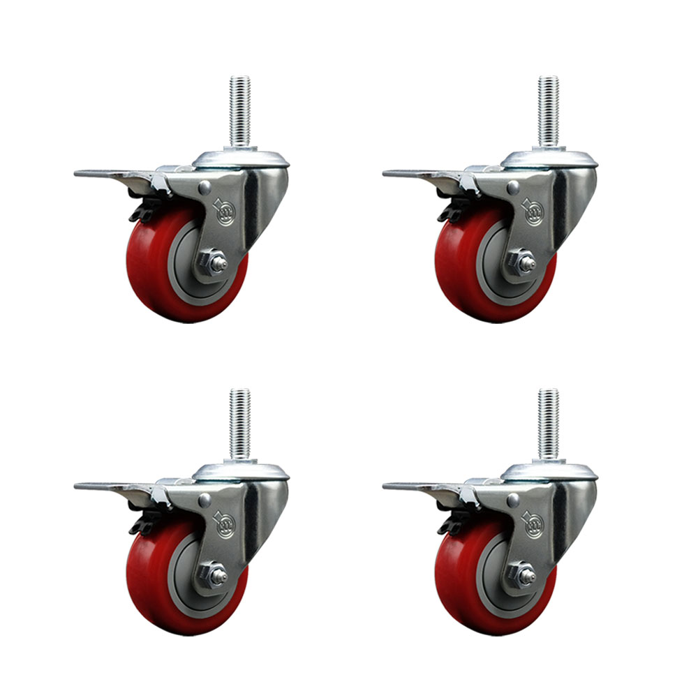 SCC-TSTTL20S314-PPUB-RED-34212-4 Polyurethane Swivel Threaded Stem Caster with 3 x 1.25 in. Red Wheels & 0.75 in. Stems - Set of 4