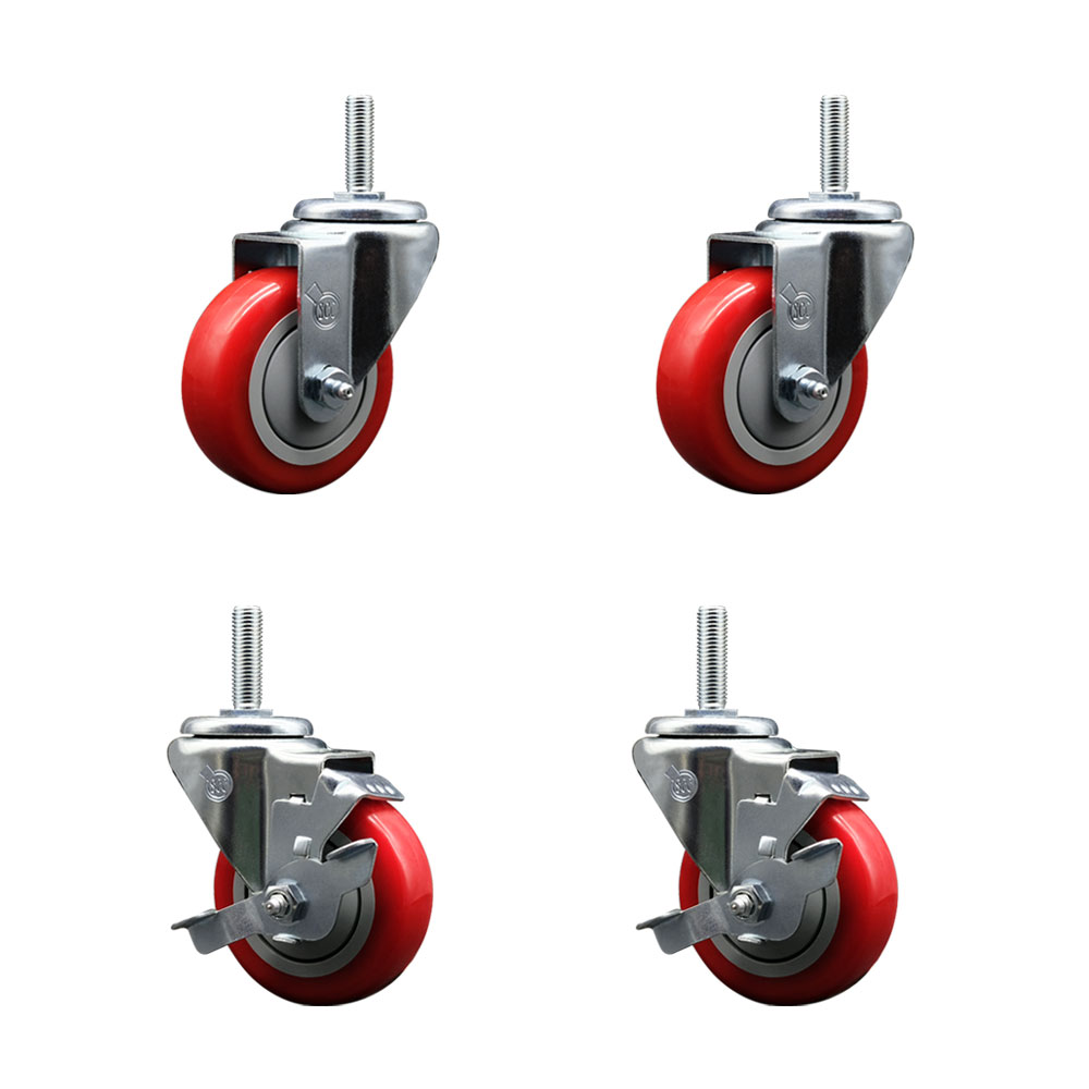 SCC-TS20S3514-PPUB-RED-34212-2-TLB-2 Polyurethane Swivel Threaded Stem Caster with 3.5 x 1.25 in. Red Wheels & 0.75 in. Stems - Set of 4