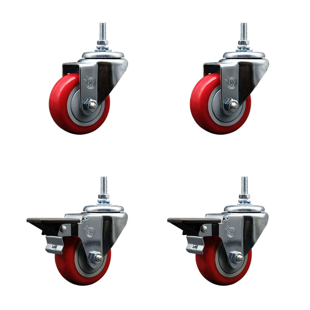 SCC-TS20S314-PPUB-RED-381615-2-PLB-2 Polyurethane Swivel Threaded Stem Caster with 3 x 1.25 in. Red Wheels & 0.38 in. Stems - Set of 4