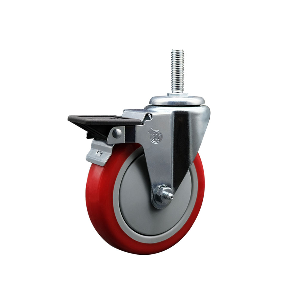 SCC-TS20S514-PPUB-RED-PLB-58212 Polyurethane Swivel Threaded Stem Caster with 5 x 1.25 in. Red Wheel & 0.63 in. Stem & Posi Locking Brake