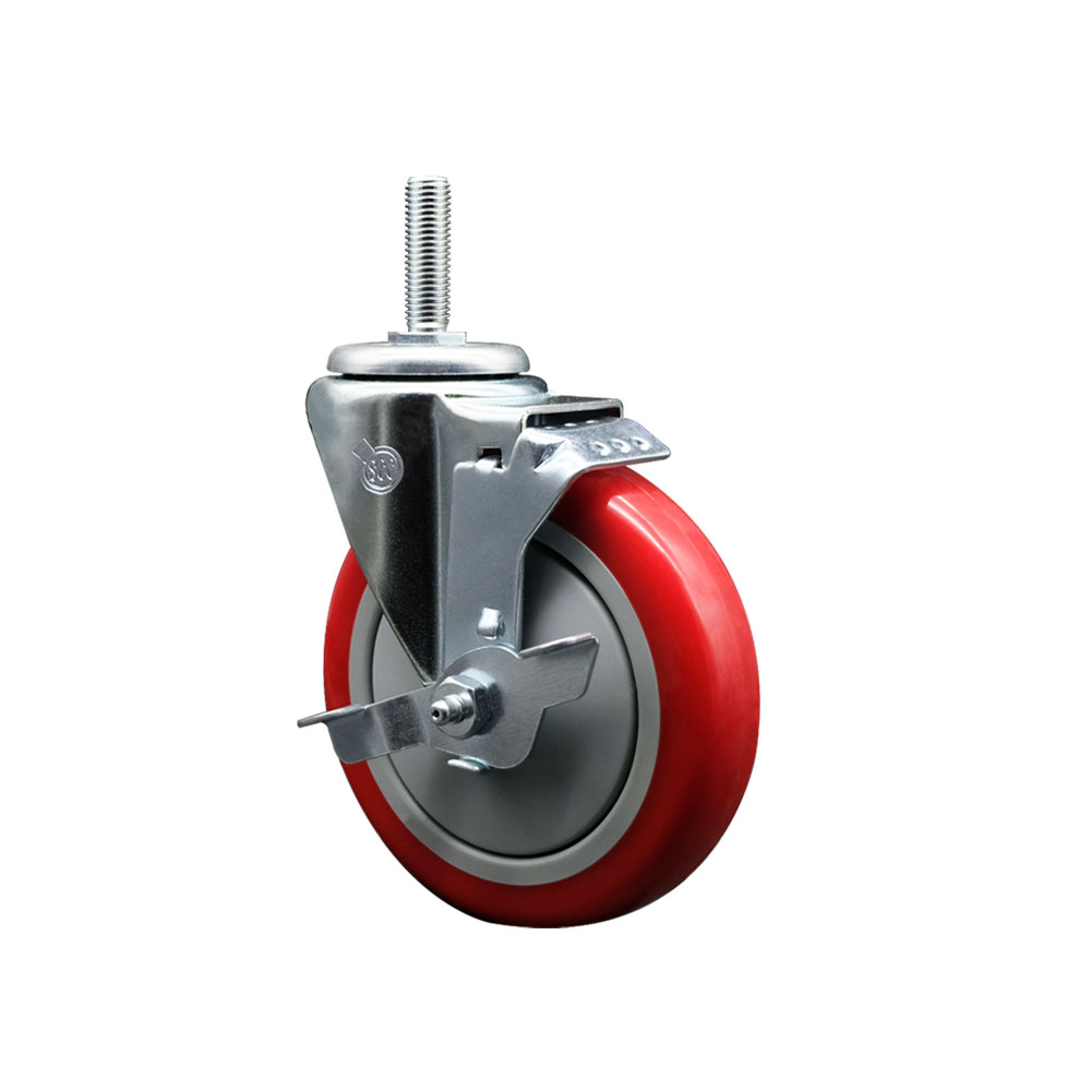 SCC-TS20S514-PPUB-RED-TLB-58212 Polyurethane Swivel Threaded Stem Caster with 5 x 1.25 in. Red Wheel & 0.63 in. Stem & Top Locking Brake