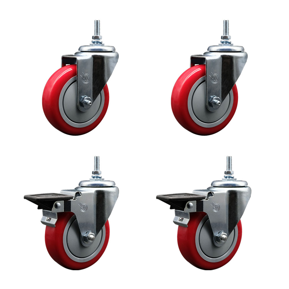 SCC-TS20S414-PPUB-RED-M1215-2-PLB-2 Polyurethane Swivel Threaded Stem Caster with 4 x 1.25 in. Red Wheels & 12 mm Stems - Set of 4
