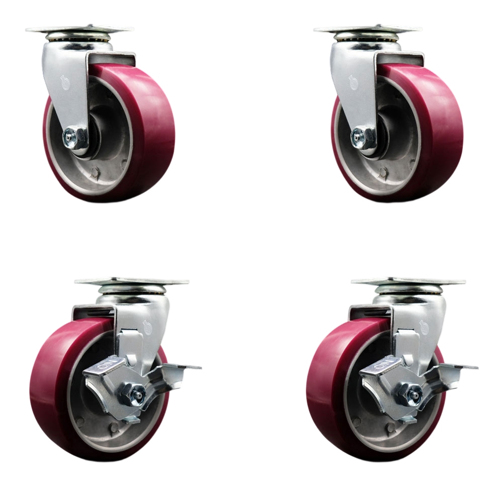 SCC-20S520-PAB-2-TLB-2 Swivel Top Plate Caster Set Maroon 5 in. by 2 in. Poly on Aluminum Wheel Ball Bearing