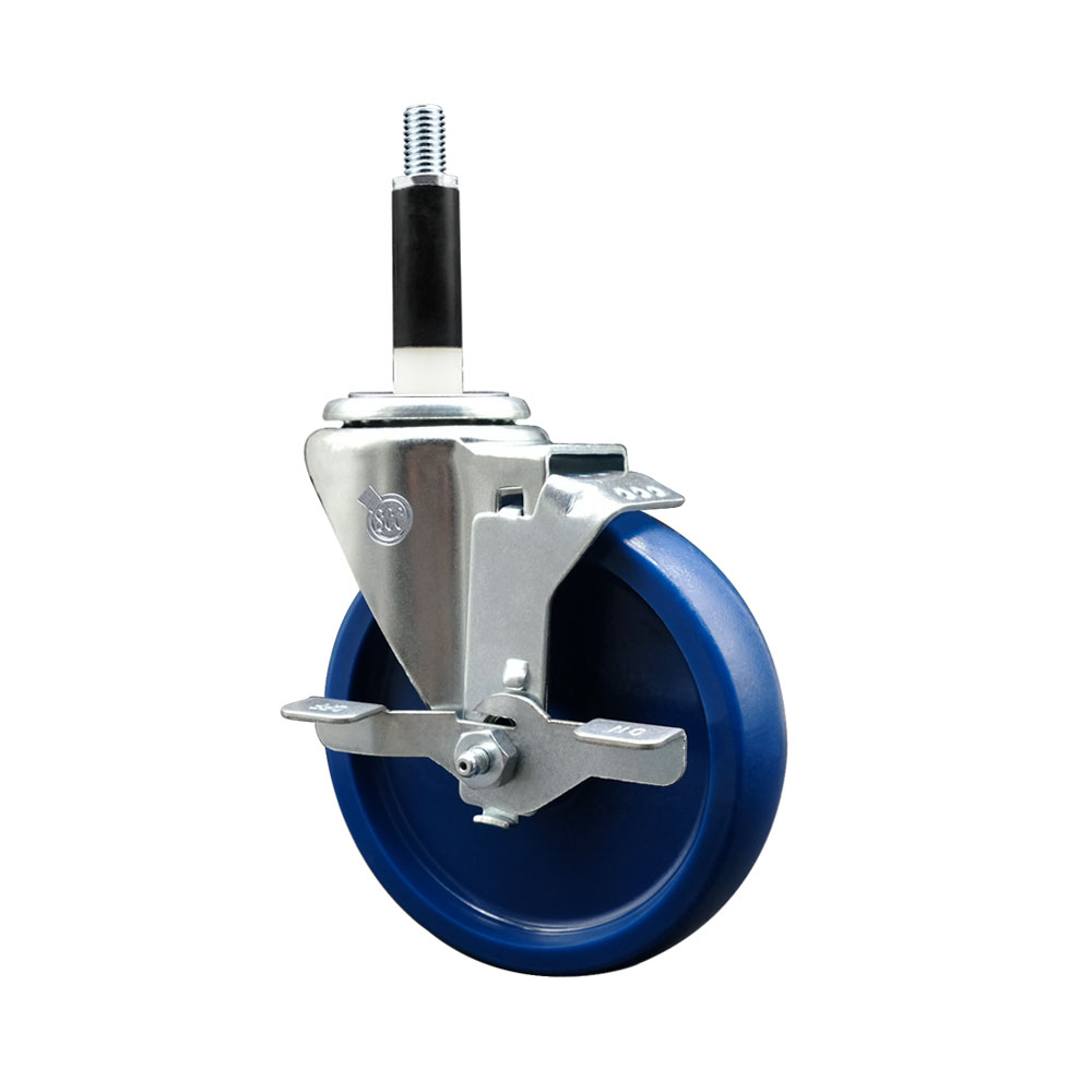 SCC-SSEX20S514-SPUS-TLB-78 Stainless Steel Solid Polyurethane Expanding Stem Swivel Caster with 5 in. Blue Wheel & 0.87 in. Stem & Top Locking Brake