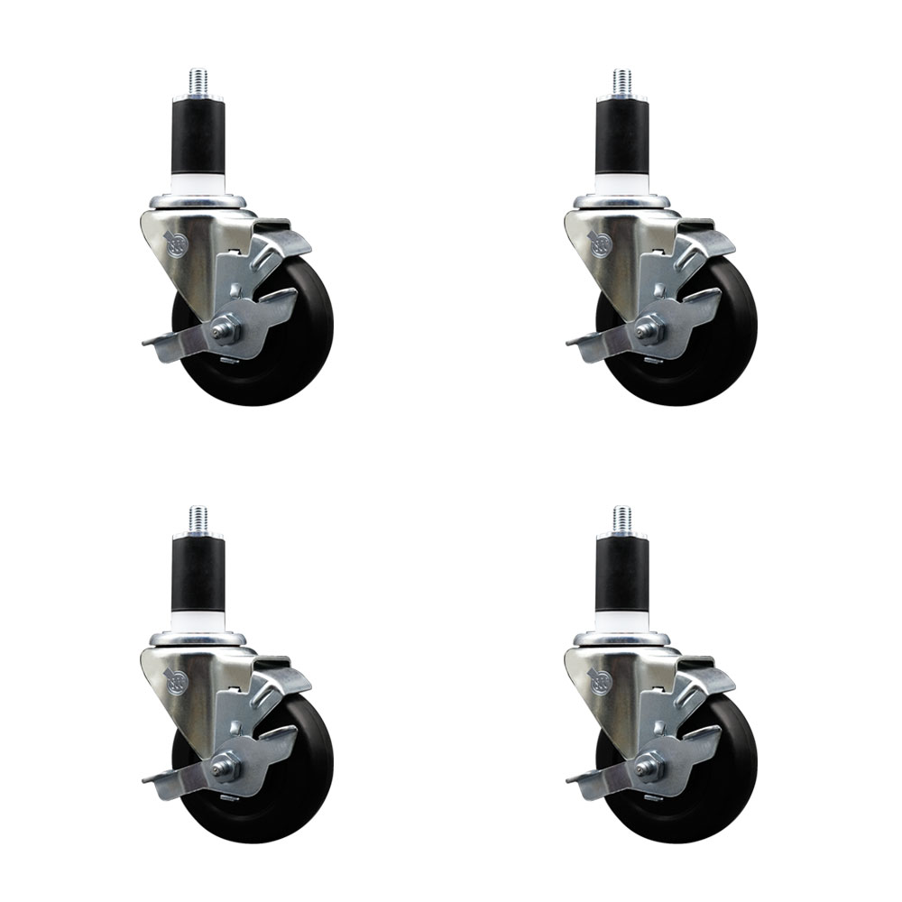 Stainless Steel Soft Rubber Swivel Expanding Stem Caster with 3.5 in. Black Wheels & 1.5 in. Stems, 4 Swivel with Top Locking Brakes - Set of 4