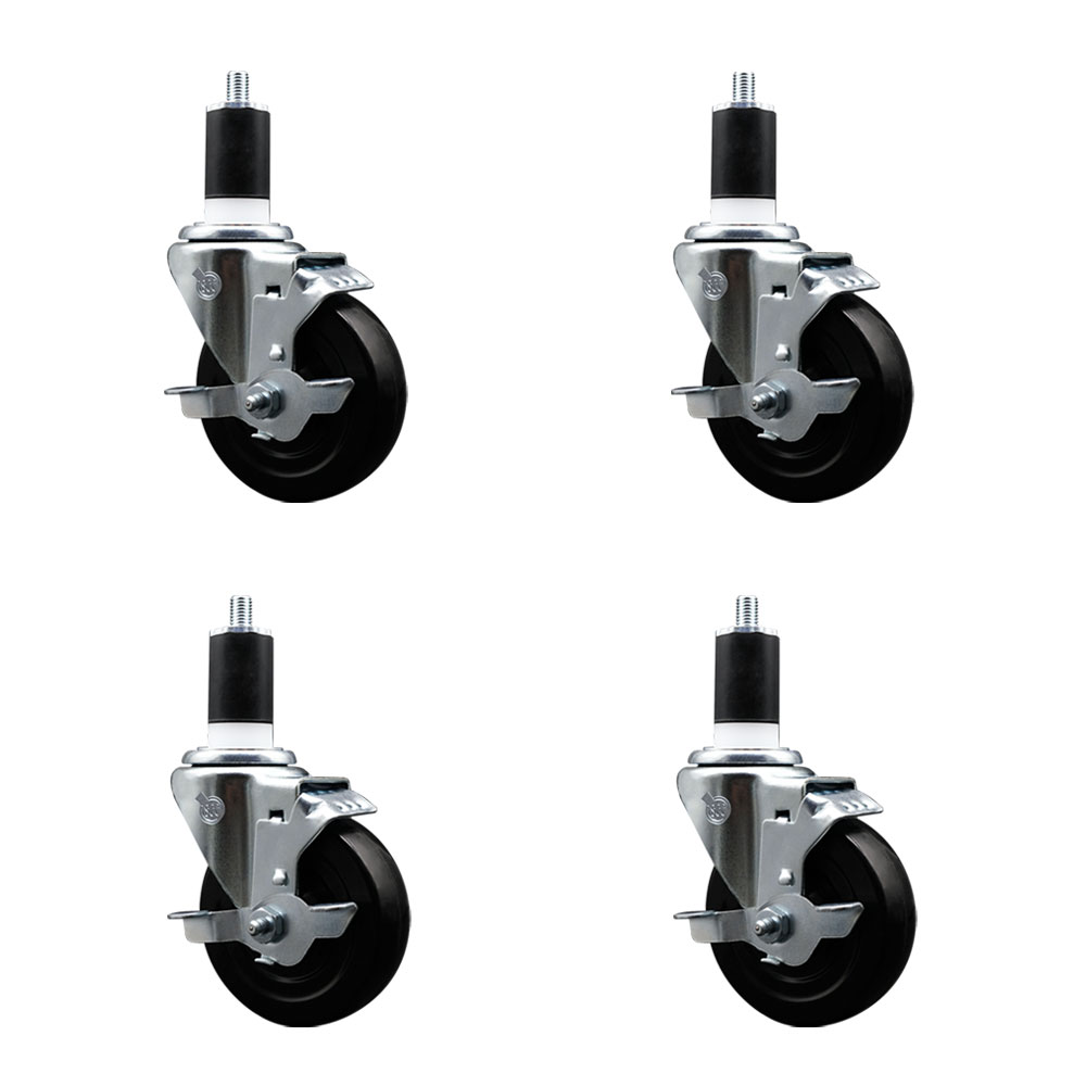 Stainless Steel Soft Rubber Swivel Expanding Stem Caster with 4 in. Black Wheels & 1.5 in. Stems, 4 Swivel with Top Locking Brakes - Set of 4