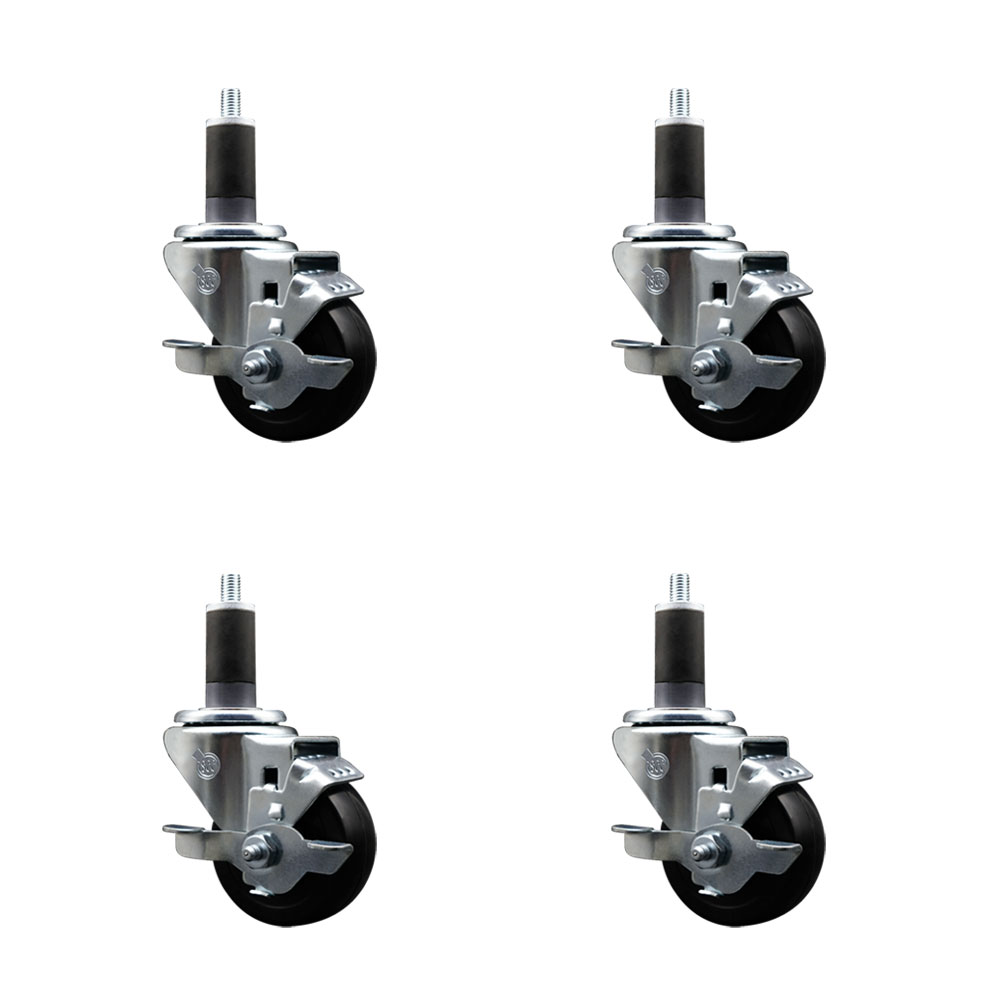 Stainless Steel Soft Rubber Swivel Expanding Stem Caster with 3 in. Black Wheels & 1.25 in. Stems, 4 Swivel with Top Locking Brakes - Set of 4