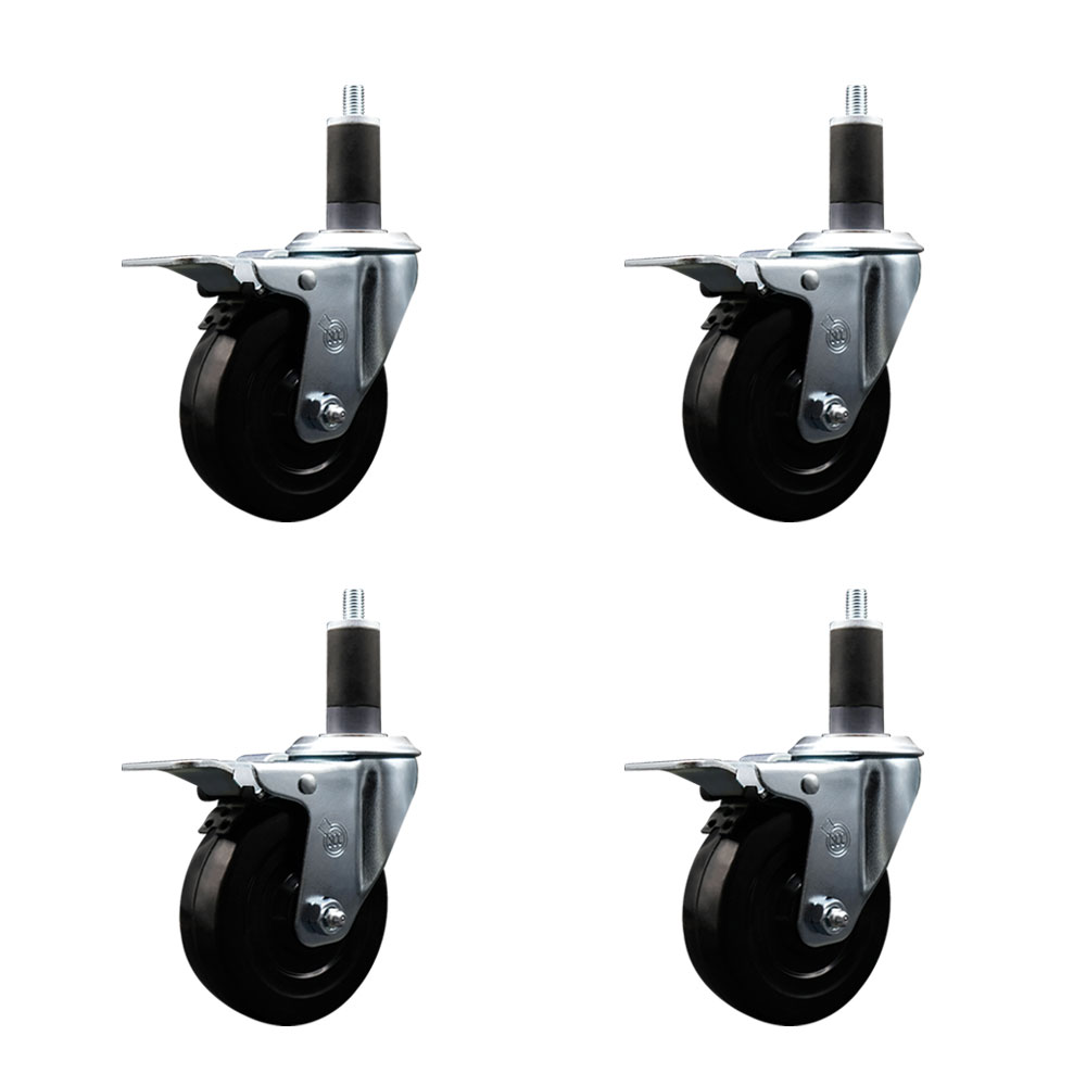 Stainless Steel Soft Rubber Swivel Expanding Stem Caster with 4 in. Black Wheels & 1.25 in. Stems, 4 Swivel with Total Locking Brakes - Set of 4