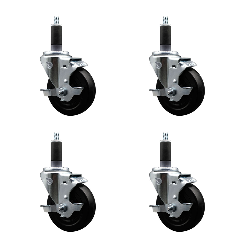 Stainless Steel Soft Rubber Swivel Expanding Stem Caster with 4 in. Black Wheels & 1.13 in. Stems, 4 Swivel with Top Locking Brakes - Set of 4