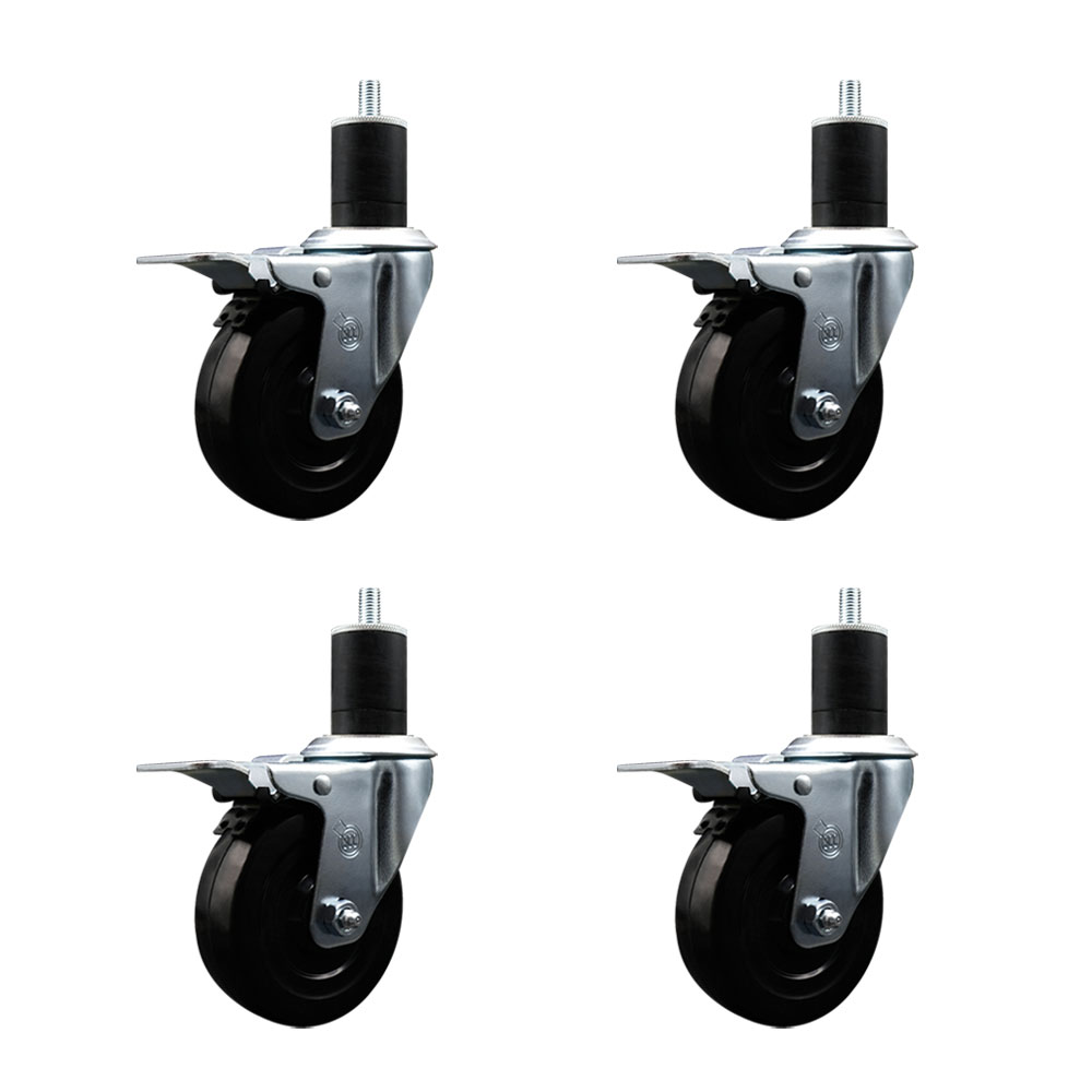 Stainless Steel Soft Rubber Swivel Expanding Stem Caster with 4 in. Black Wheels & 1.75 in. Stems, 4 Swivel with Total Locking Brakes - Set of 4