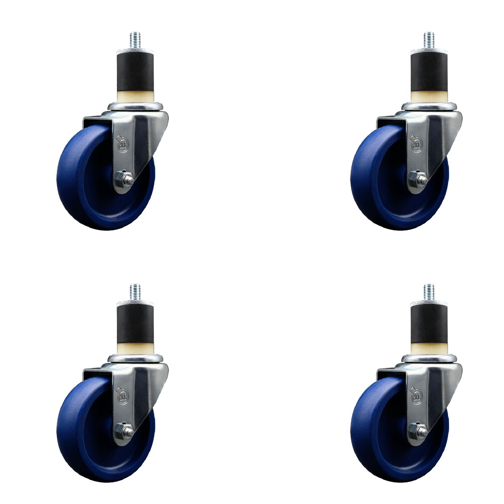 SCC-SSEX20S414-SPUS-178-4 Stainless Steel Solid Polyurethane Swivel Expanding Stem Caster with 4 in. Blue Wheels & 1.87 in. Stems - Set of 4