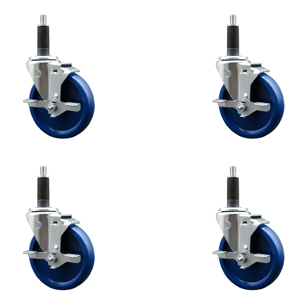 Stainless Steel Solid Polyurethane Swivel Expanding Stem Caster with 5 in. Blue Wheels & 1 in. Stems 4 Swivel with Top Locking Brakes - Set of 4