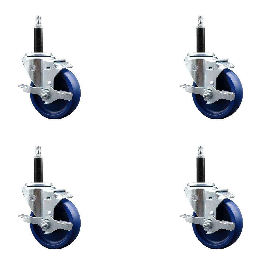 Stainless Steel Solid Polyurethane Swivel Expanding Stem Caster with 4 in. Blue Wheels & 0.75 in. Stems 4 Swivel with Top Locking Brake - Set of 4