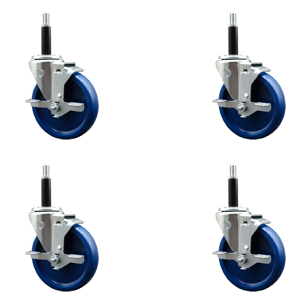 Stainless Steel Solid Polyurethane Swivel Expanding Stem Caster with 5 in. Blue Wheels & 0.75 in. Stems 4 Swivel with Top Locking Brake - Set of 4