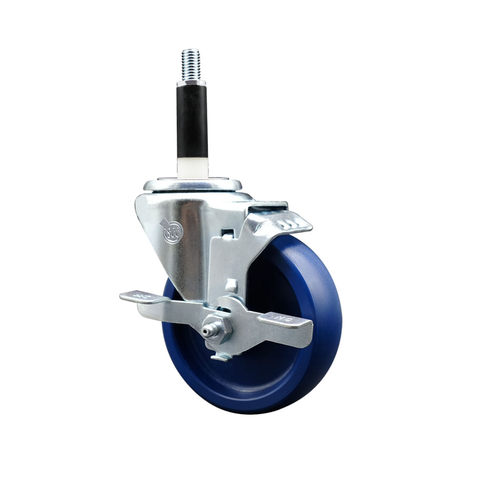 SCC-SSEX20S414-SPUS-TLB-78 Stainless Steel Solid Polyurethane Expanding Stem Swivel Caster with 4 in. Blue Wheel & 0.87 in. Stem & Top Locking Brake