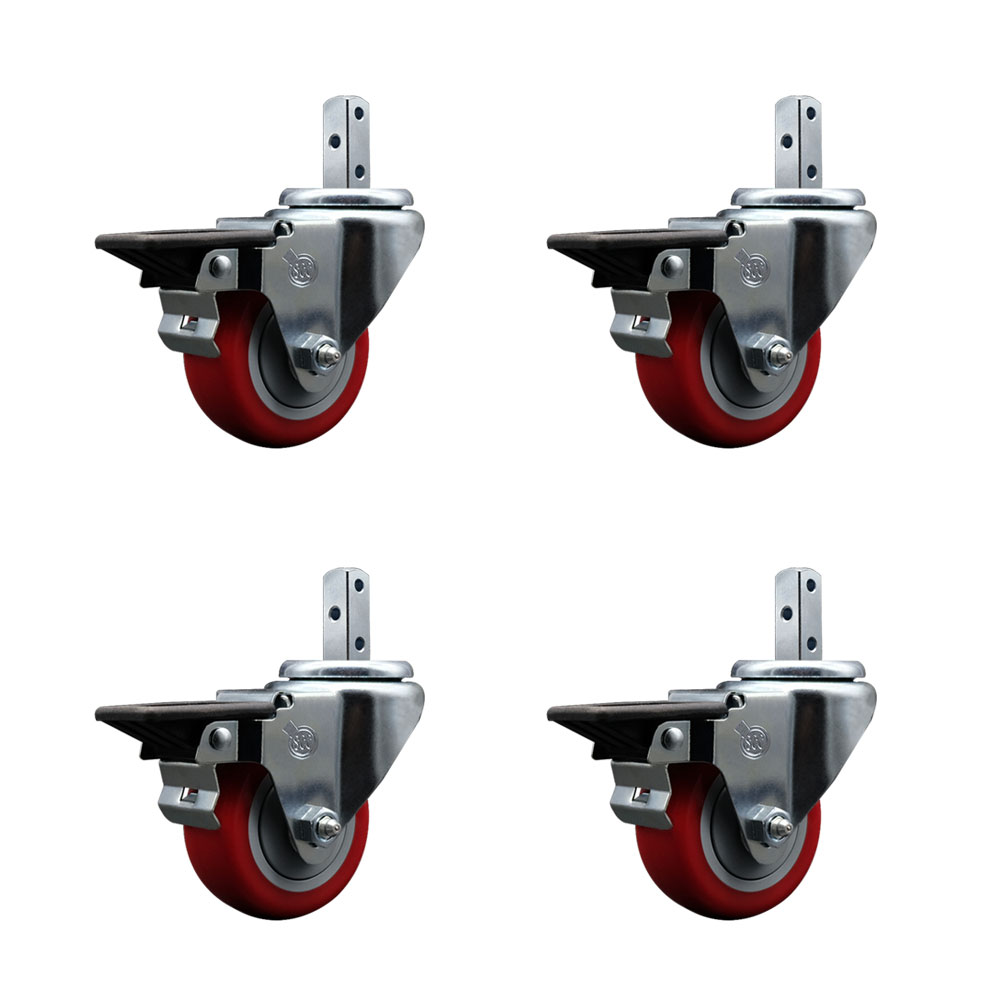 Swivel Square Stem Caster with 3 x 1.25 in. Red Poly Wheel, 0.87 x 2 in. Square Stem with 3 0.26 in. Diameter Mounting Holes - Set of 4