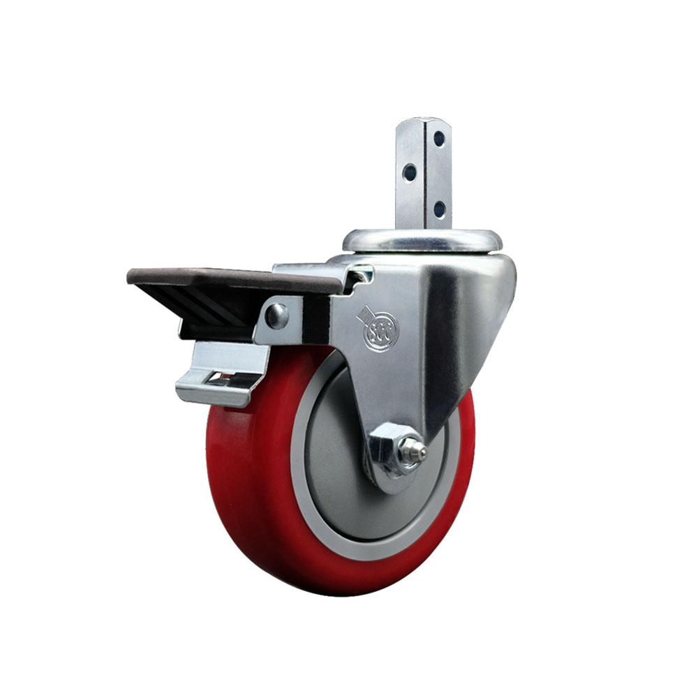 Swivel Square Stem Caster with 4 x 1.25 in. Red Polyurethane Wheel, 0.87 x 2 in. Square Stem with 3 0.26 in. Diameter Mounting Holes