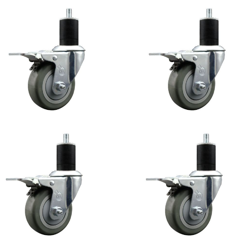 Stainless Steel Polyurethane Swivel Expanding Stem Caster with 3.5 in. Gray Wheels & 1.75 in. Stems 4 Swivel with Total Locking Brakes - Set of 4