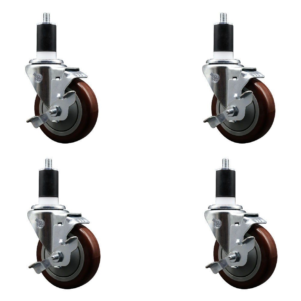Stainless Steel Polyurethane Swivel Expanding Stem Caster with 4 in. Maroon Wheels & 1.5 in. Stems 4 Swivel with Top Locking Brake - Set of 4