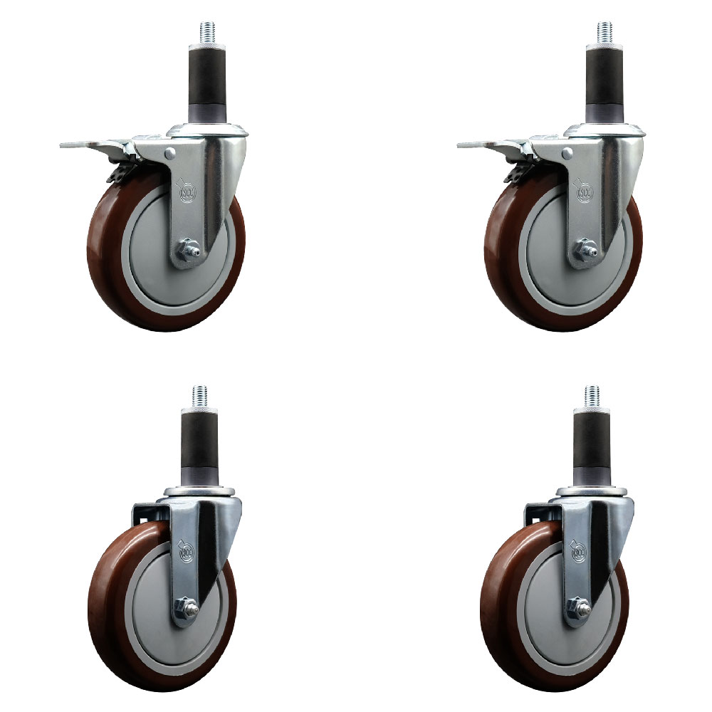 SCC-SSEXTTL20S514-PPUB-MRN-2-S-2-114 Stainless Steel Polyurethane Swivel Expanding Stem Caster with 5 in. Maroon Wheels & 1.25 in. Stems - Set of 4