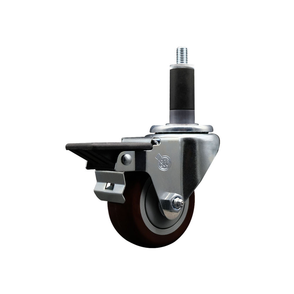 SCC-EX20S314-PPUB-MRN-PLB-118 Polyurethane Expanding Stem Swivel Caster with 3 in. Maroon Wheel & 1.13 in. Stem & Posi Locking Brake