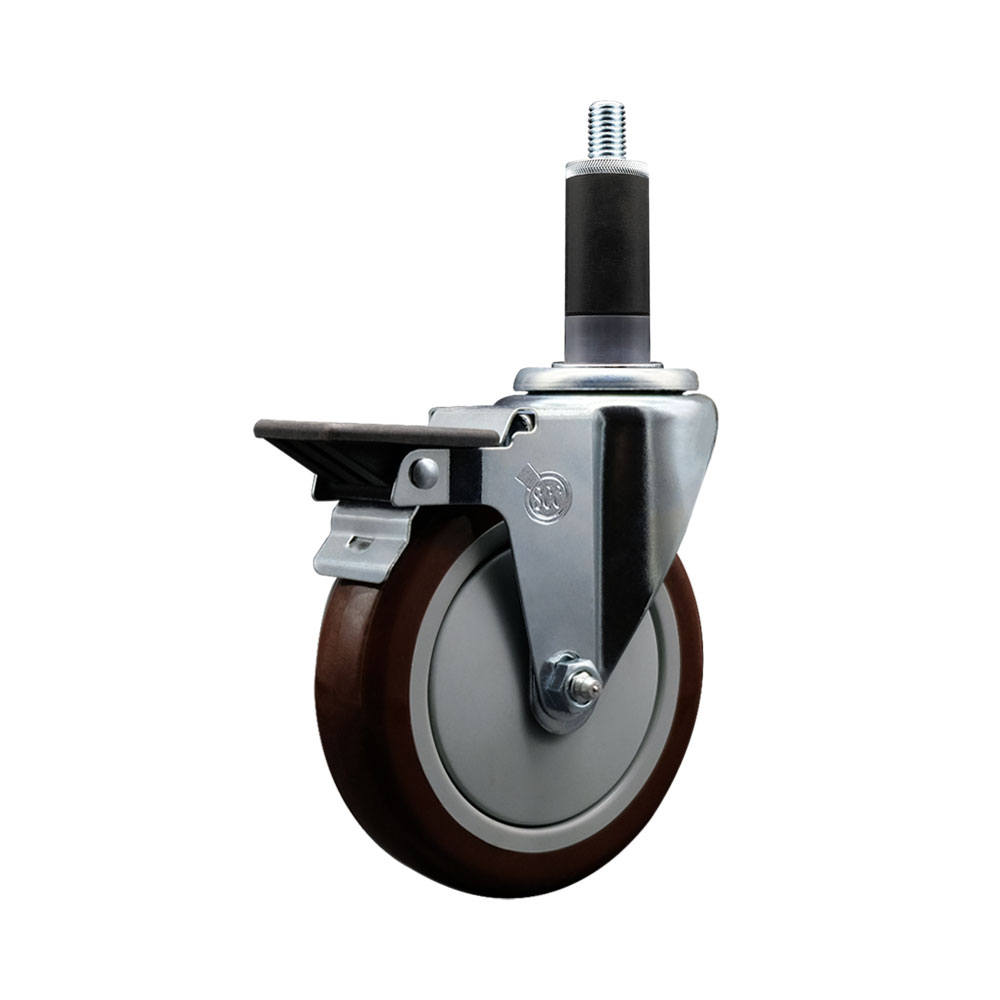 SCC-EX20S514-PPUB-MRN-PLB-118 Polyurethane Expanding Stem Swivel Caster with 5 in. Maroon Wheel & 1.13 in. Stem & Posi Locking Brake