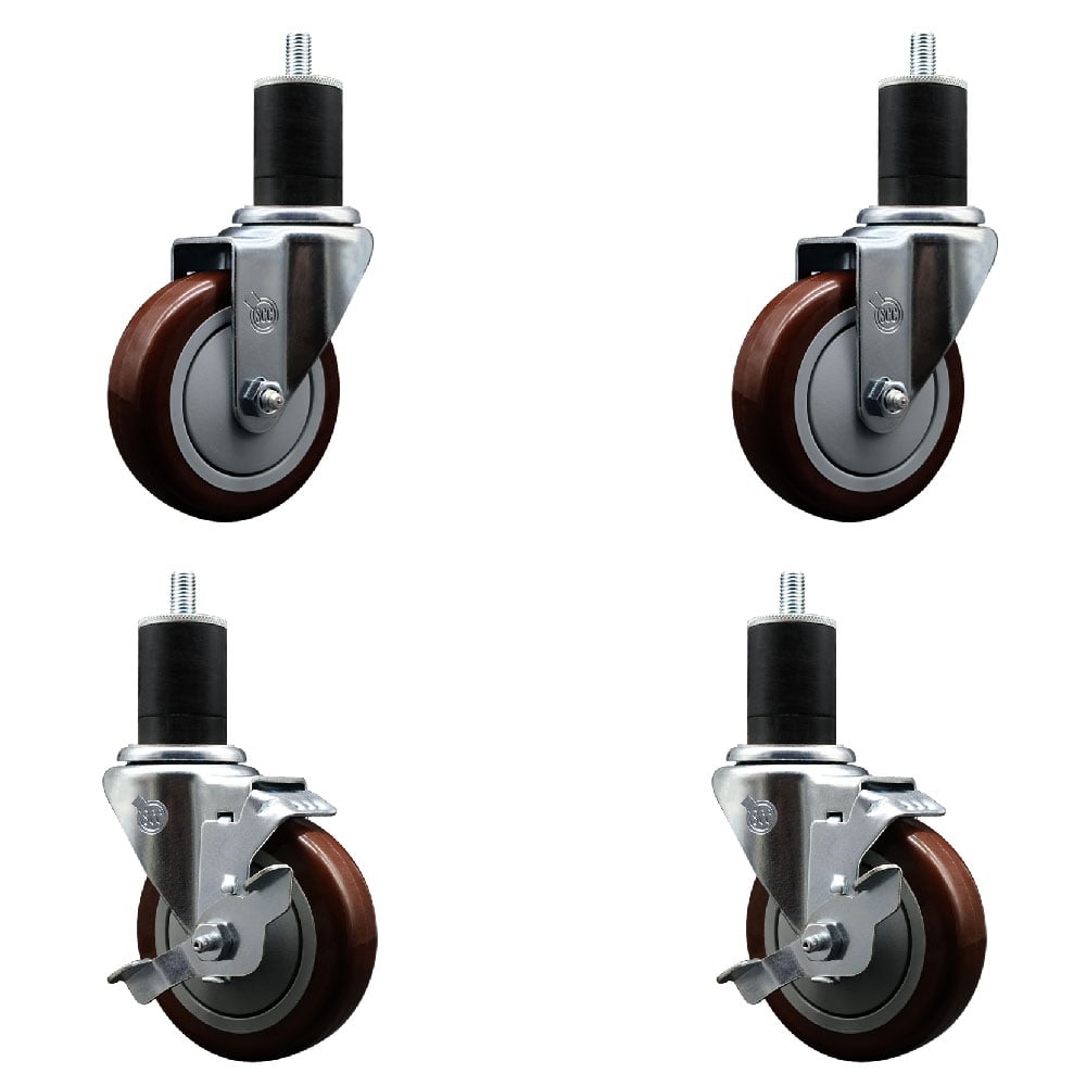 SCC-EX20S414-PPUB-MRN-2-TLB-2-134 Polyurethane Swivel Expanding Stem Caster with 4 in. Maroon Wheels & 1.75 in. Stems - Set of 4