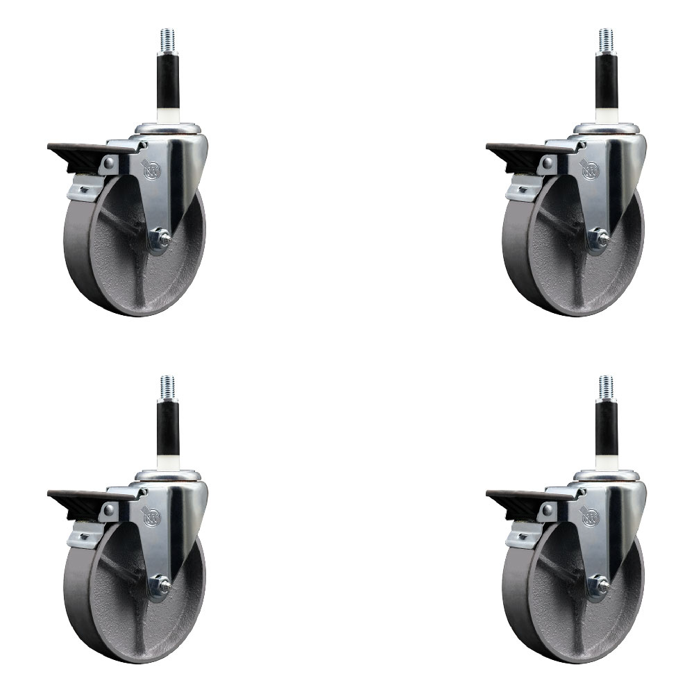Semi Steel Cast Iron Swivel Expanding Stem Caster with Roller Bearings 5 x 1.5 in. Silver Wheels & 0.87 in. Stems 4 with Posi Lock Brakes - Set of 4