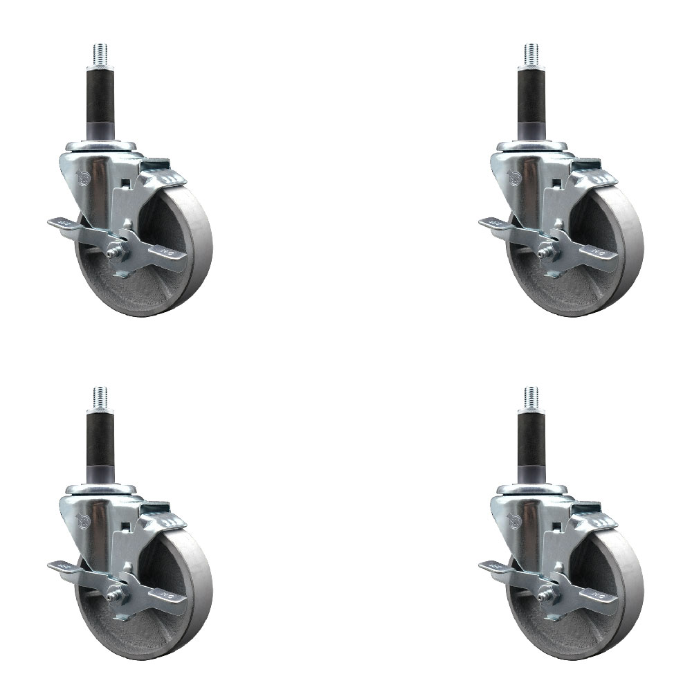 Semi Steel Cast Iron Swivel Expanding Stem Caster with Roller Bearings 4 x 1.5 in. Silver Wheels & 1 in. Stems 4 with Top Lock Brakes - Set of 4