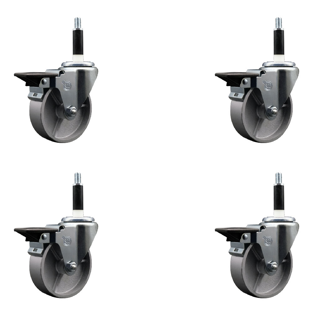 Semi Steel Cast Iron Swivel Expanding Stem Caster with Roller Bearings 4 x 1.5 in. Silver Wheels & 0.87 in. Stems 4 with Posi Lock Brakes - Set of 4