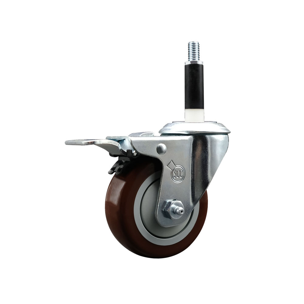 Stainless Steel Polyurethane Expanding Stem Swivel Caster with 3.5 in. Maroon Wheel & 0.87 in. Stem & Total Locking Brake