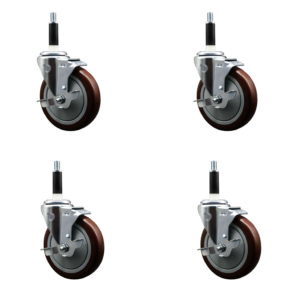 Stainless Steel Polyurethane Swivel Expanding Stem Caster with 5 in. Maroon Wheels & 0.87 in. Stems 4 Swivel with Top Locking Brake - Set of 4