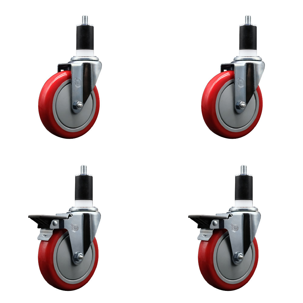 SCC-EX20S514-PPUB-RED-2-PLB-2-112 Polyurethane Swivel Expanding Stem Caster with 5 in. Red Wheels & 1.5 in. Stems - Set of 4