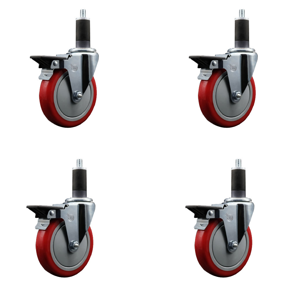 SCC-EX20S514-PPUB-RED-PLB-114-4 Polyurethane Swivel Expanding Stem Caster with 5 in. Red Wheels & 1.25 in. Stems - Set of 4