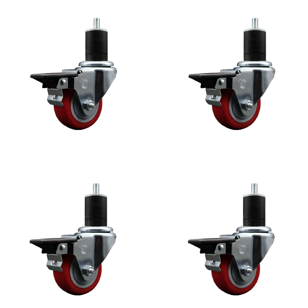 SCC-EX20S314-PPUB-RED-PLB-134-4 Polyurethane Swivel Expanding Stem Caster with 3 in. Red Wheels & 1.75 in. Stems - Set of 4