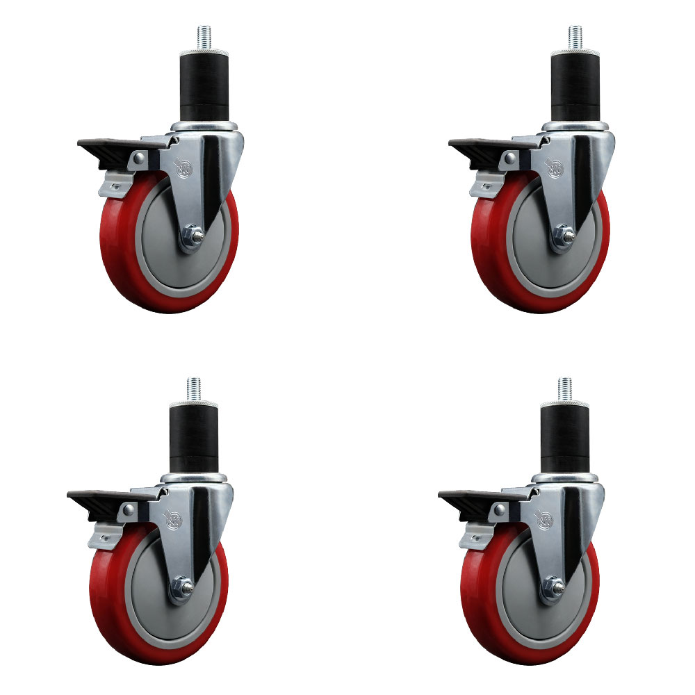 SCC-EX20S514-PPUB-RED-PLB-134-4 Polyurethane Swivel Expanding Stem Caster with 5 in. Red Wheels & 1.75 in. Stems - Set of 4