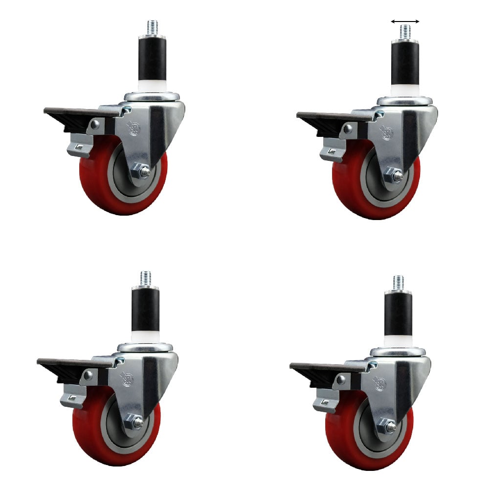 SCC-EX20S3514-PPUB-RED-PLB-138-4 Polyurethane Swivel Expanding Stem Caster with 3.5 in. Red Wheels & 1.38 in. Stems - Set of 4