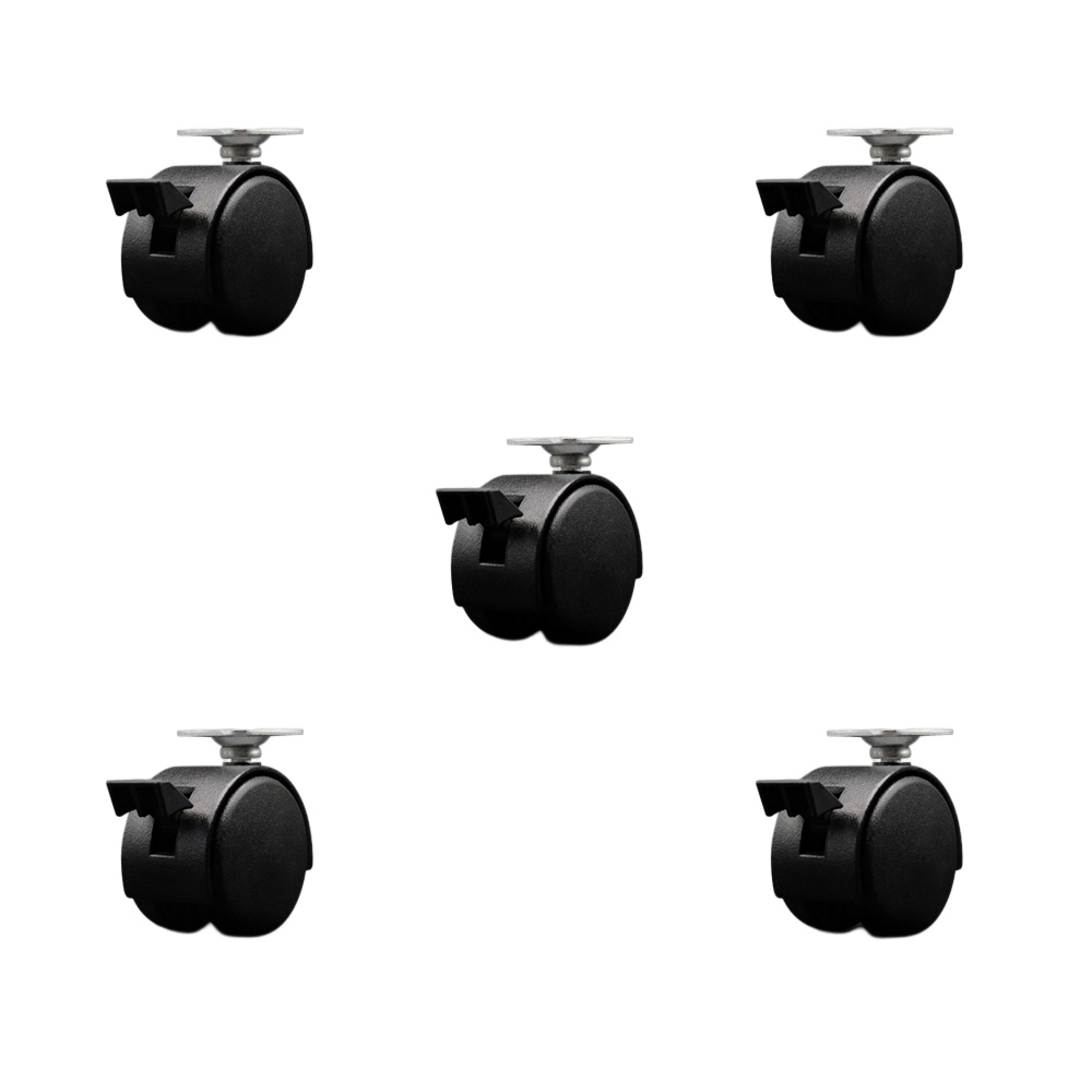 2 in. Swivel Caster Wheels For Furniture-Nylon Flat Black Metal Hooded Twin Wheel & Brake 1.5 in. by 1.5 in. Overall Top Plate Casters - Set of 5