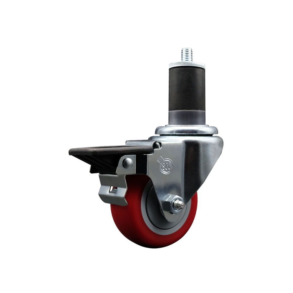 SCC-EX20S314-PPUB-RED-PLB-158 Polyurethane Expanding Stem Swivel Caster with 3 in. Red Wheel & 1.63 in. Stem & Posi Locking Brake