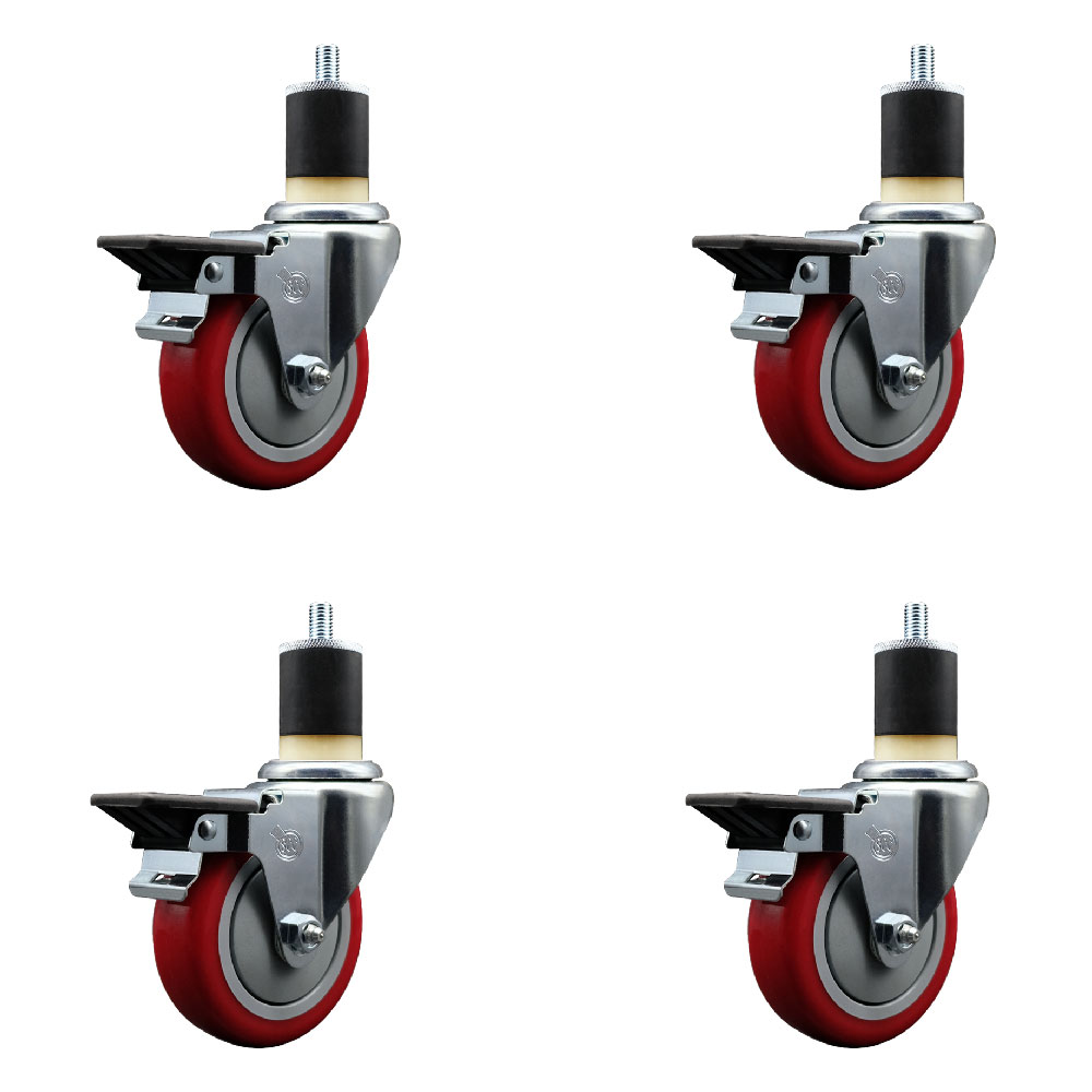 SCC-EX20S414-PPUB-RED-PLB-178-4 Polyurethane Swivel Expanding Stem Caster with 4 in. Red Wheels & 1.87 in. Stems - Set of 4