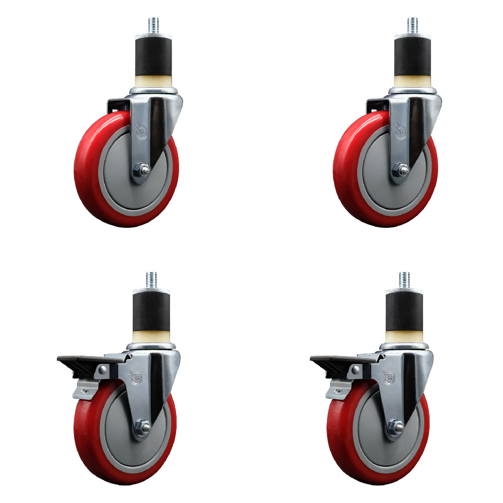 SCC-EX20S514-PPUB-RED-2-PLB-2-178 Polyurethane Swivel Expanding Stem Caster with 5 in. Red Wheels & 1.87 in. Stems - Set of 4