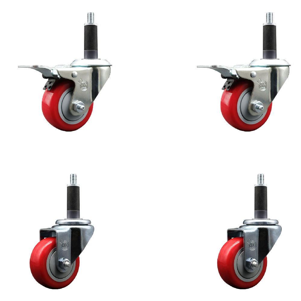 SCC-SSEXTTL20S314-PPUB-RED-2-S-2-1 Stainless Steel Polyurethane Swivel Expanding Stem Caster with 3 in. Red Wheels & 1 in. Stems - Set of 4
