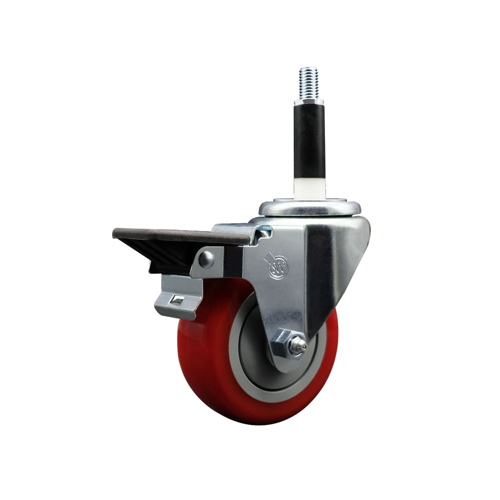 SCC-EX20S3514-PPUB-RED-PLB-78 Polyurethane Expanding Stem Swivel Caster with 3.5 in. Red Wheel & 0.87 in. Stem & Posi Locking Brake