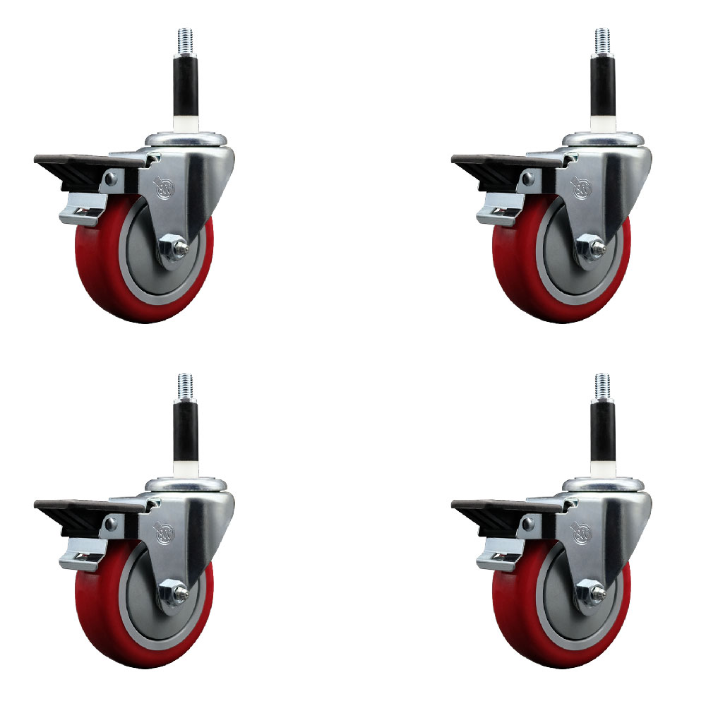SCC-EX20S414-PPUB-RED-PLB-78-4 Polyurethane Swivel Expanding Stem Caster with 4 in. Red Wheels & 0.87 in. Stems - Set of 4