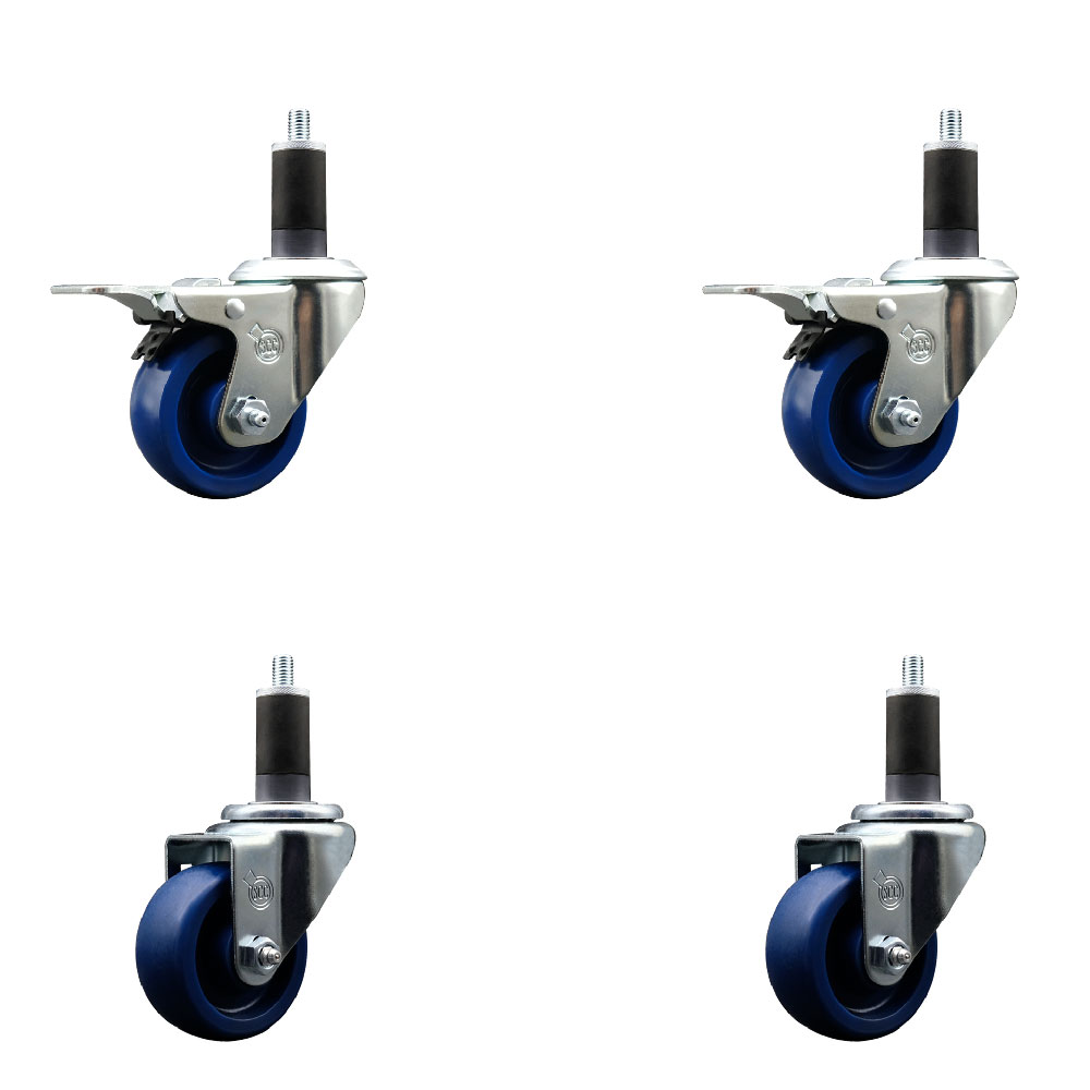 Stainless Steel Solid Polyurethane Swivel Expanding Stem Caster with 3 in. Blue Wheels & 1.25 in. Stems 2 with Total Locking Brakes - Set of 4