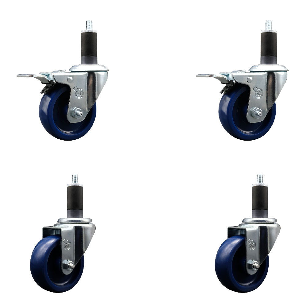 Stainless Steel Solid Polyurethane Swivel Expanding Stem Caster with 3.5 in. Blue Wheels & 1.25 in. Stems - Set of 4