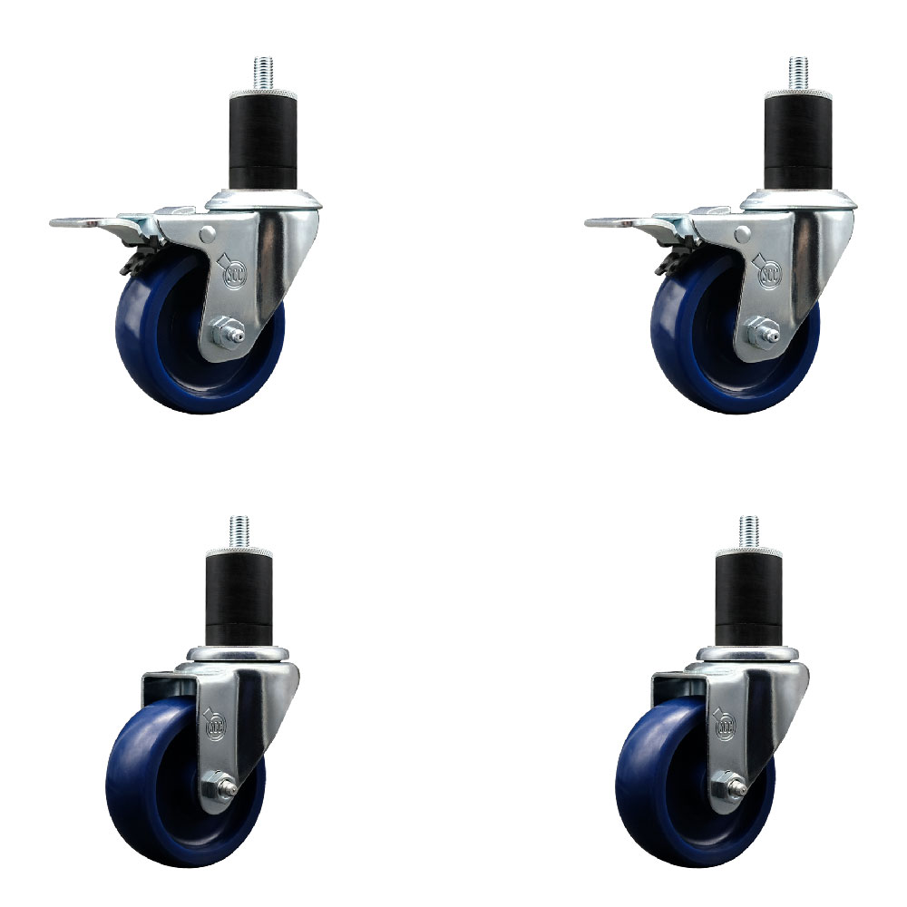 Stainless Steel Solid Polyurethane Swivel Expanding Stem Caster with 3.5 in. Blue Wheels & 1.75 in. Stems - Set of 4