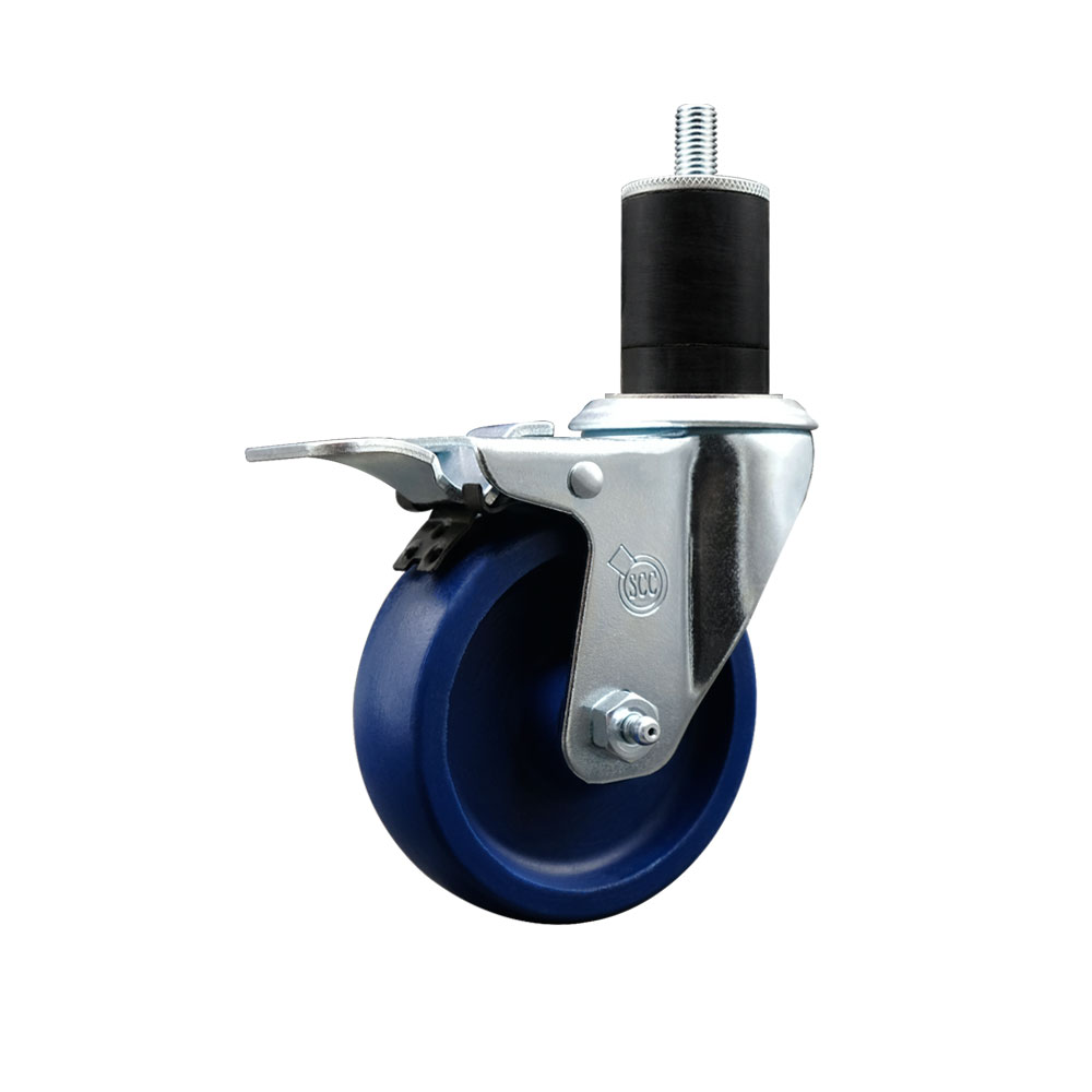 Stainless Steel Solid Polyurethane Expanding Stem Swivel Caster with 4 in. Blue Wheel & 1.75 in. Stem & Total Locking Brake