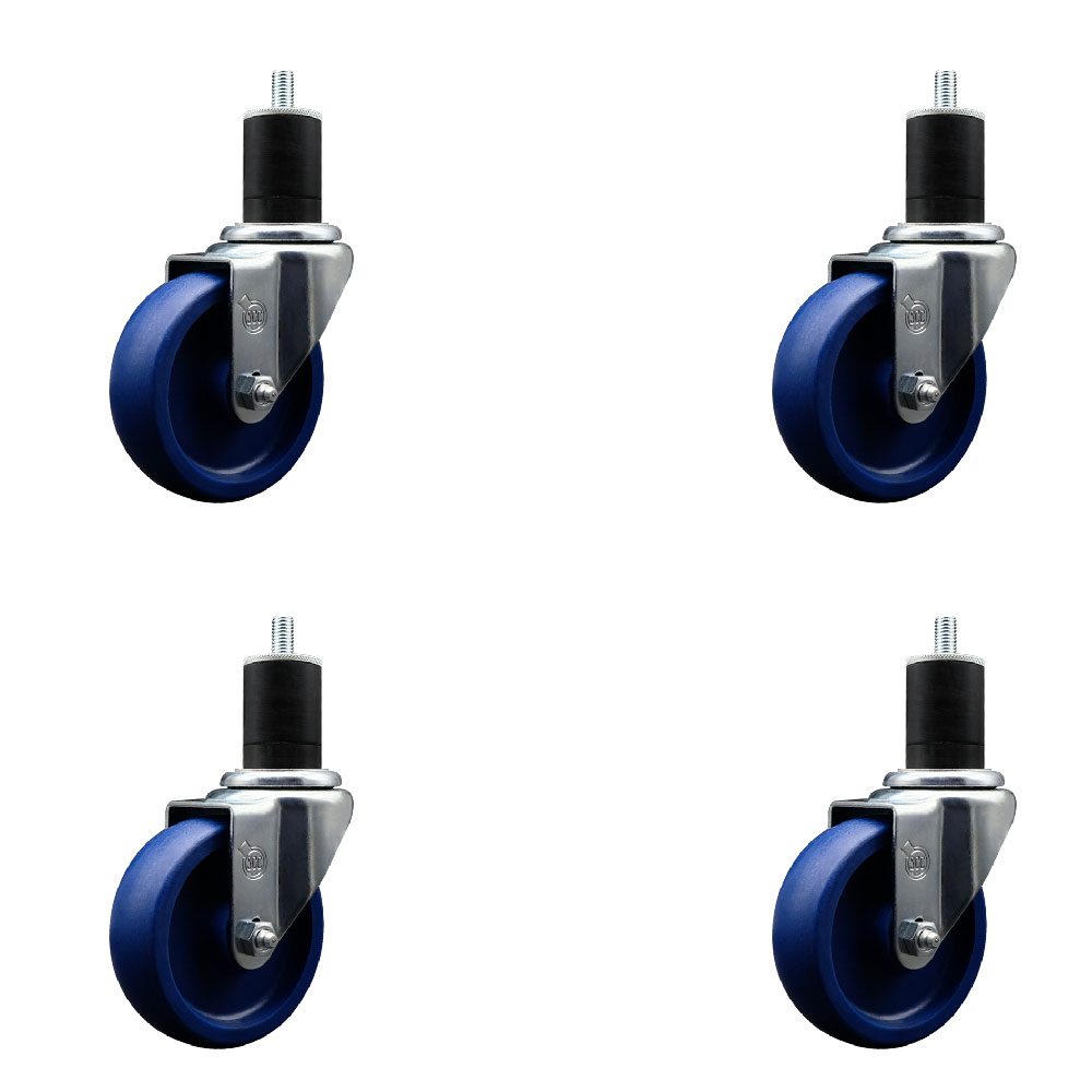 SCC-SSEX20S414-SPUS-134-4 Stainless Steel Solid Polyurethane Swivel Expanding Stem Caster with 4 in. Blue Wheels & 1.75 in. Stems - Set of 4